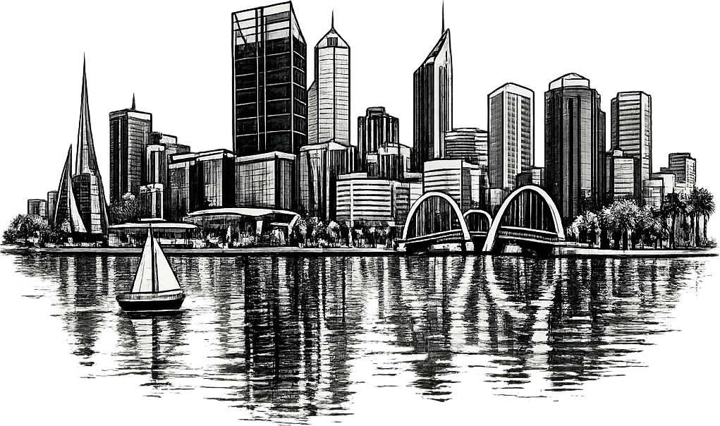 Black and white line-art of the Perth city skyline — towers, the Elizabeth Quay bridge, palm-lined waterfront, sailboat on calm water.