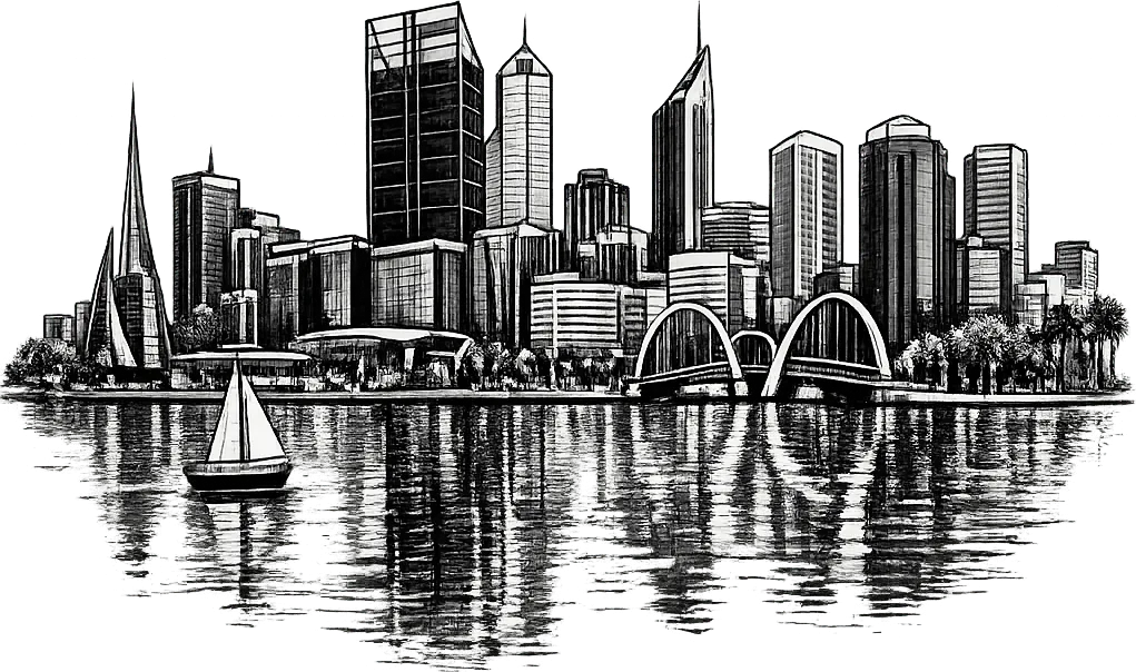 Black and white line-art of the Perth city skyline - towers, the Elizabeth Quay bridge, palm-lined waterfront, sailboat on calm water.
