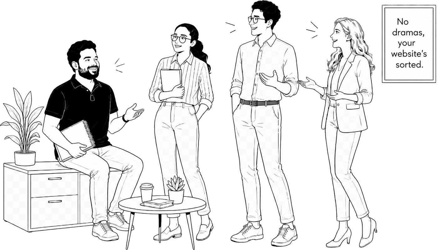 Black-and-white line-art of the CatalystHub team — four figures in conversation around a small studio, captioned ‘No dramas, your website's sorted.’